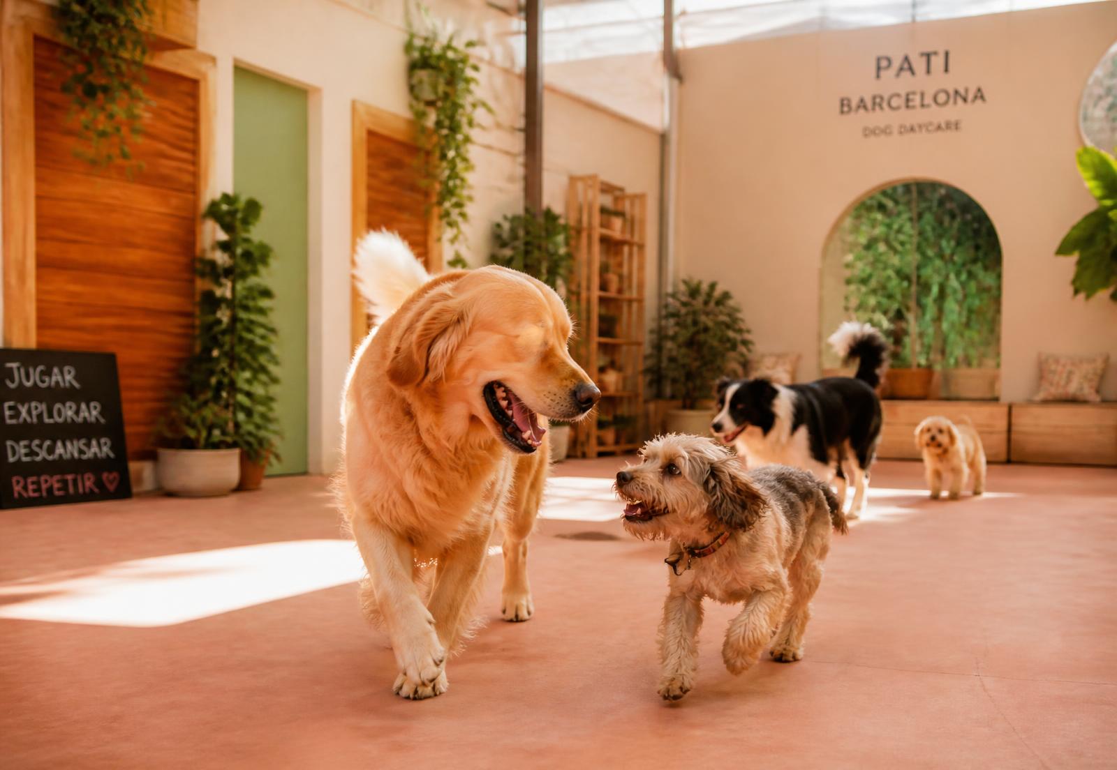 Perros jugando juntos en la guardería de VidaPerra Barcelona